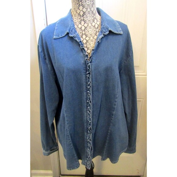 Van Heusen Shirt Blue Denim Button Front Stretch Ruffle Trim Womens Size XL - Picture 1 of 6